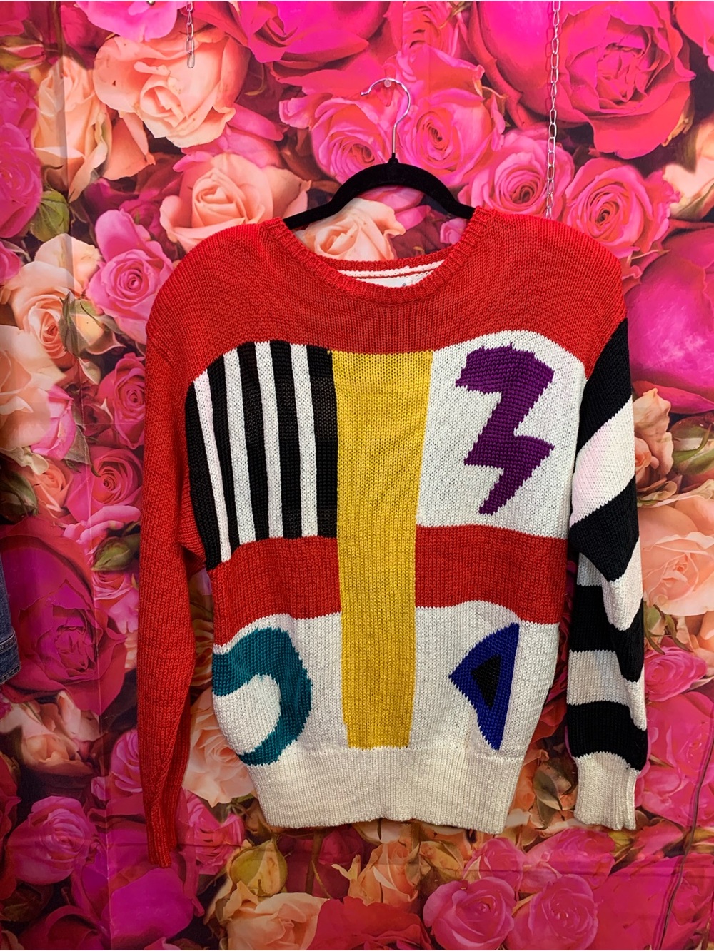 Colorblock Graphic Knit Sweater - Red 80s Shoulder Pads Excellent Condition